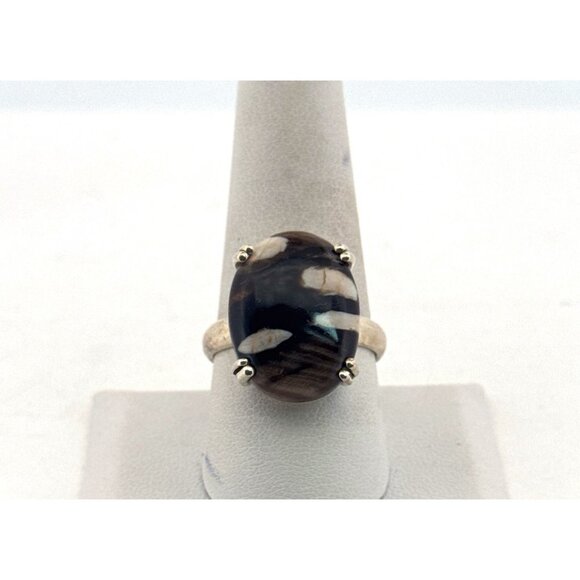 Estate Sterling Silver 925 Ring Fossil Coral Oval Cabochon Size 9, 6.7g TGGC Mar - Picture 2 of 9